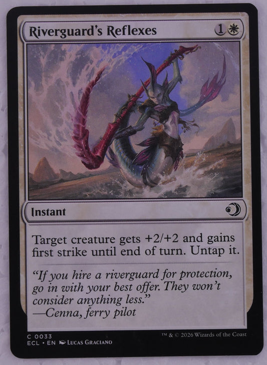 Riverguard’s Reflexes ECL 0033 MTG instant card, regular finish non-foil, combat trick artwork — DM Vault Co