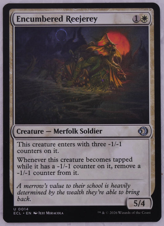 Encumbered Reejerey ECL 0014 MTG card, regular finish non-foil, Merfolk Soldier with -1/-1 counters — DM Vault Co