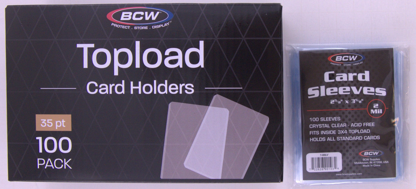 BCW 100-count 35pt 3x4 toploaders with 100-count BCW clear penny sleeves combo pack, sealed packaging on white background.