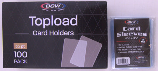 BCW 100-count 35pt 3x4 toploaders with 100-count BCW clear penny sleeves combo pack, sealed packaging on white background.