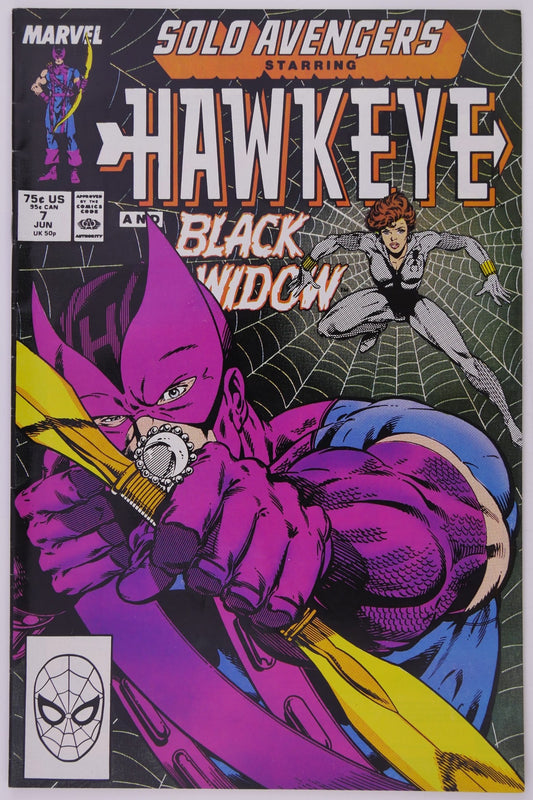 Solo Avengers Starring Hawkeye #7 Marvel 1988 comic book cover featuring Hawkeye and Black Widow against a webbed background