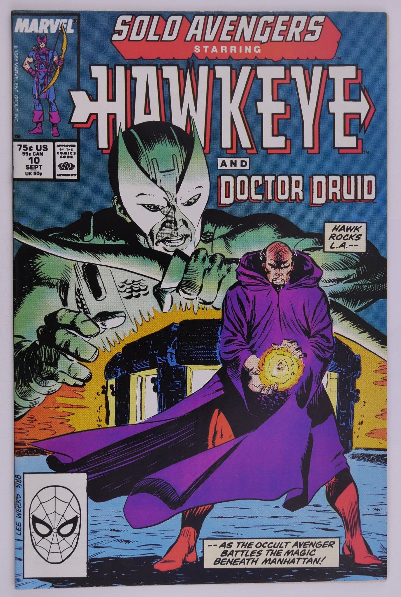 Solo Avengers Starring Hawkeye #10 Marvel 1988 comic book cover featuring Doctor Druid and Hawkeye