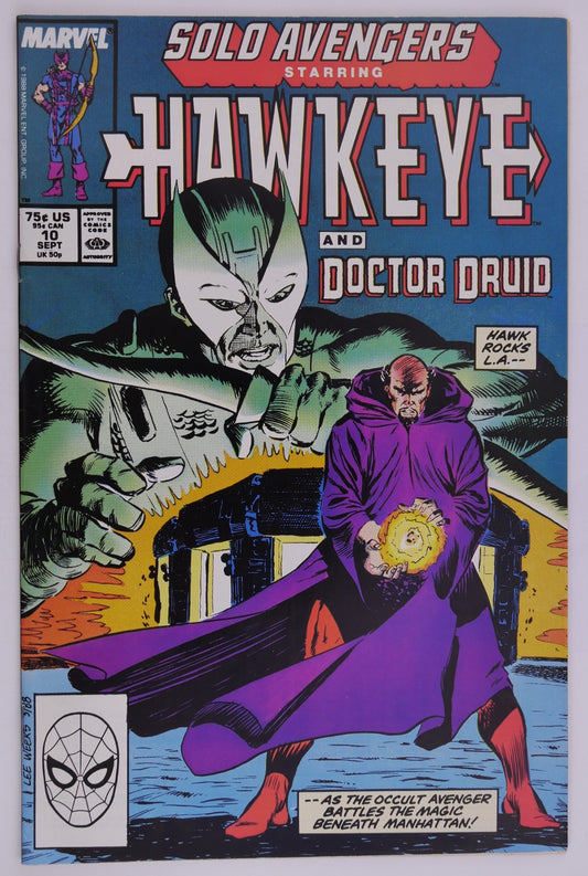 Solo Avengers Starring Hawkeye #10 Marvel 1988 comic book cover featuring Doctor Druid and Hawkeye