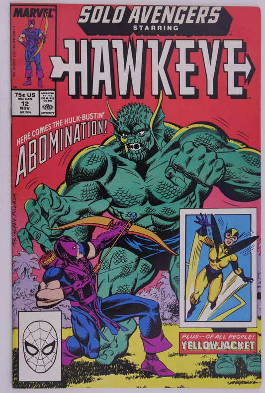 Solo Avengers Starring Hawkeye #12 Marvel 1988 comic book cover featuring Hawkeye fighting the Abomination