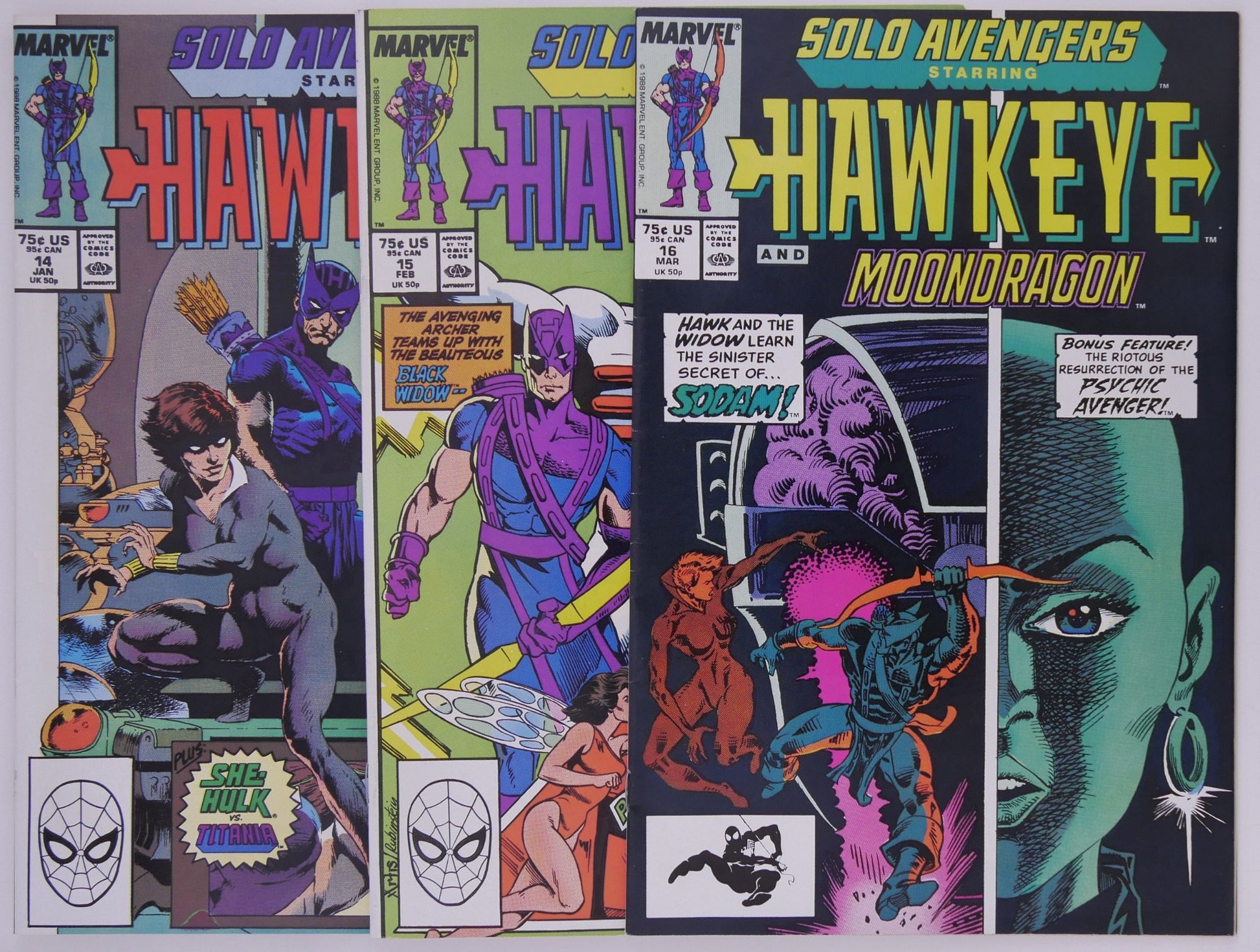 Solo Avengers Hawkeye issues 14 to 16 Marvel 1988 comic book bundle featuring Black Widow and AIM arc