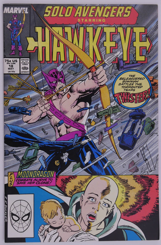 Solo Avengers Hawkeye 18 Marvel 1989 comic book cover featuring Texas Twister and MoonDragon backup