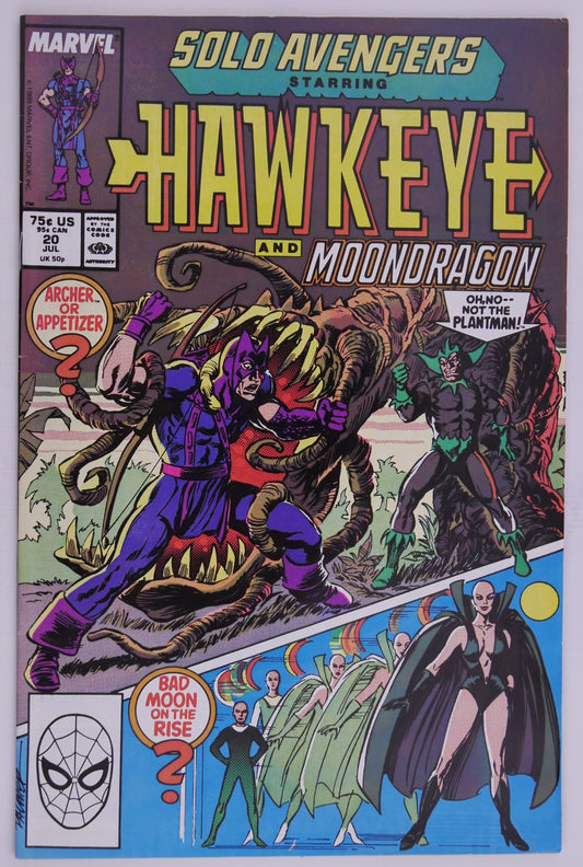 Solo Avengers Hawkeye and MoonDragon 20 Marvel 1989 comic book cover featuring Plantman