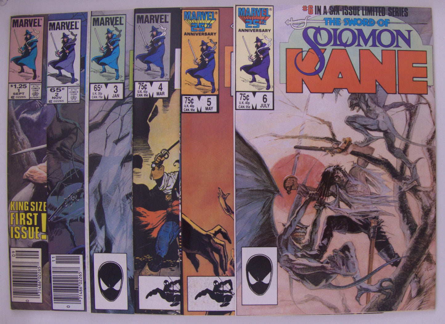 Solomon Kane 1985 Marvel limited series issues 1 through 6 complete comic book set displayed together