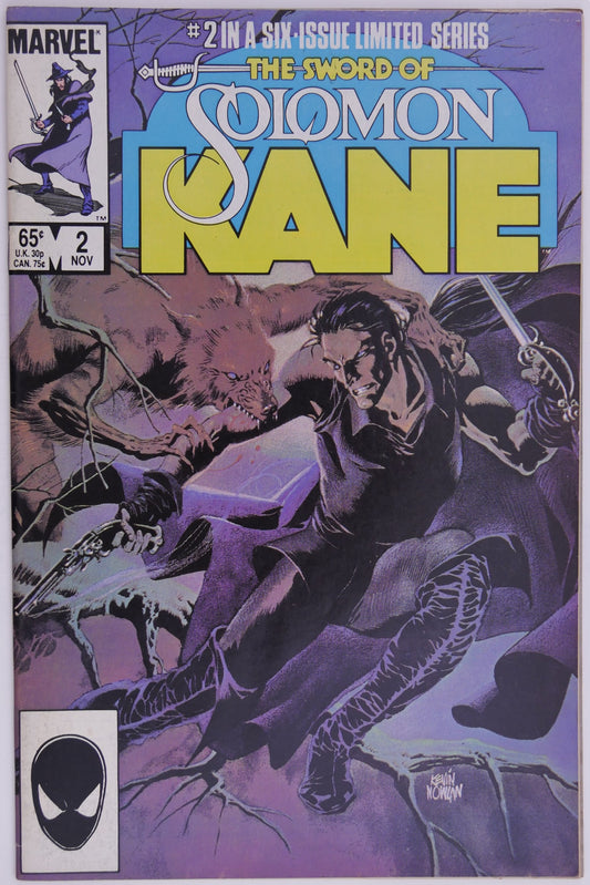 The Sword of Solomon Kane #2 1985 Marvel comic book cover featuring Solomon Kane battling a wolf-like creature in a dark forest scene.