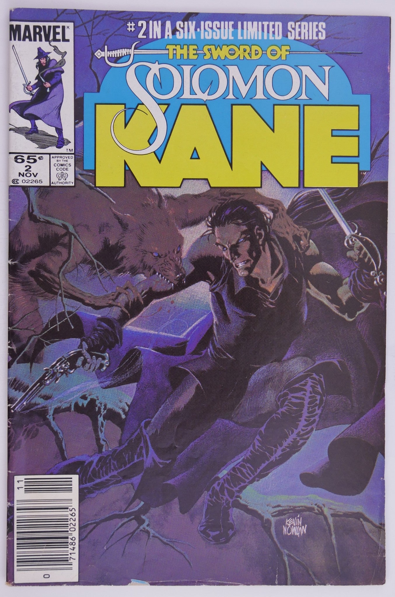The Sword of Solomon Kane #2 1985 Marvel comic book cover featuring Solomon Kane battling a wolf-like creature in a dark forest scene.
