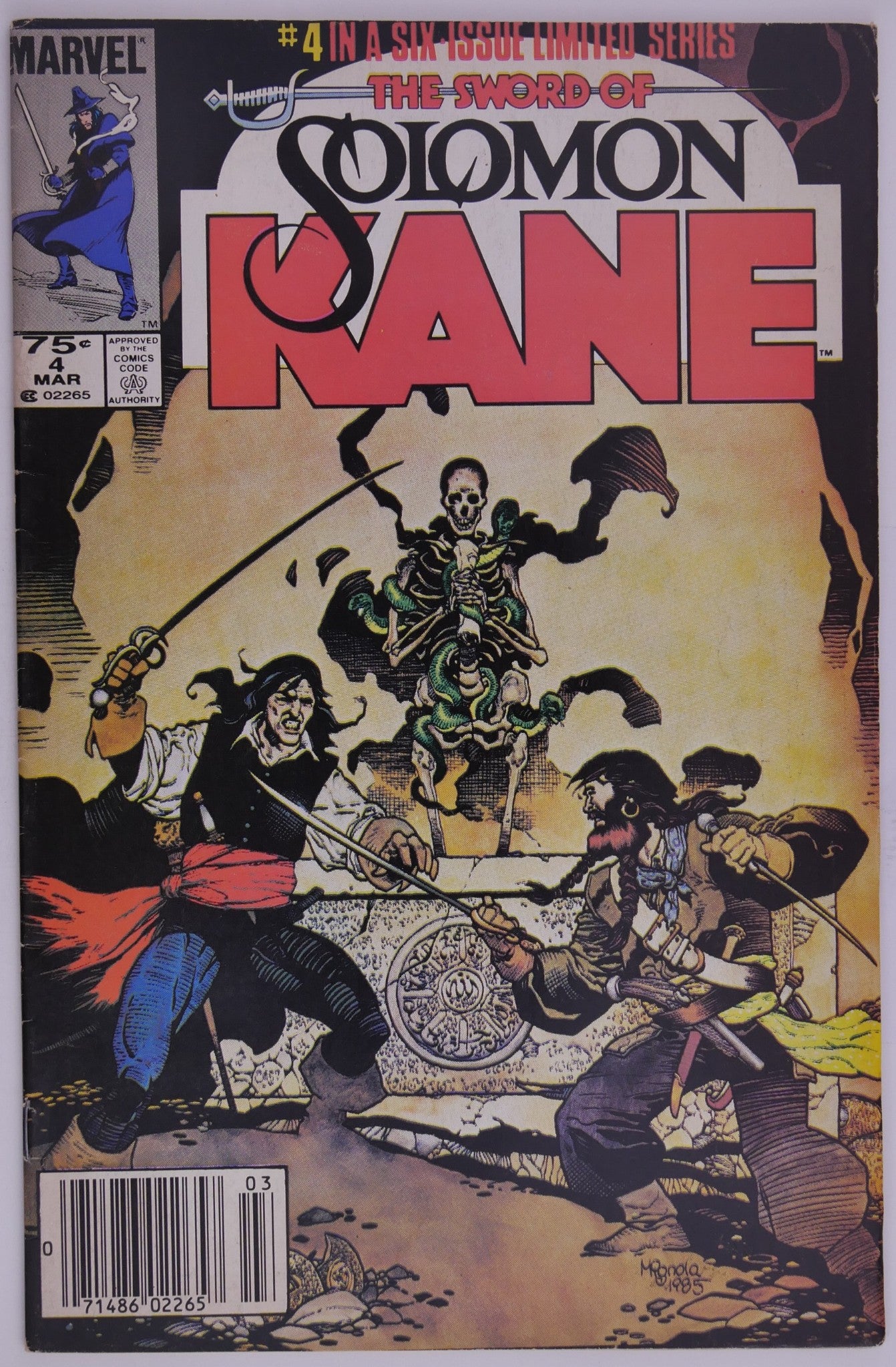 The Sword of Solomon Kane #4 1985 Marvel cover featuring Solomon Kane battling a skeletal figure with sword drawn.
