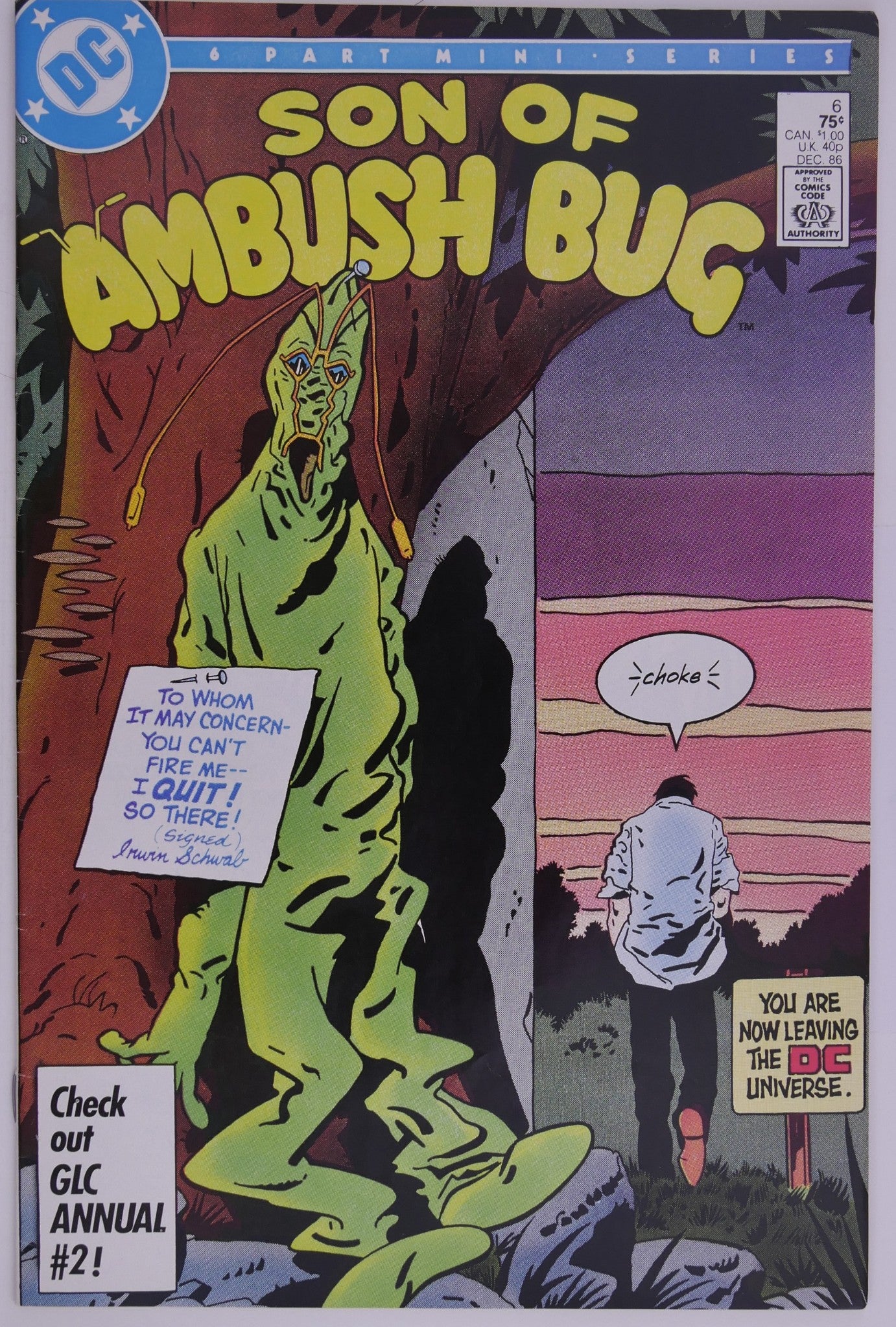 Cover of Son of Ambush Bug #6 (1986) showing Ambush Bug leaving the DC Universe in a satirical scene.