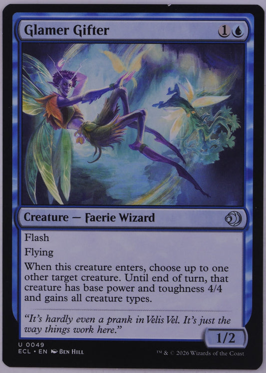 Glamer Gifter ECL 0049 Magic the Gathering blue Faerie Wizard creature card.