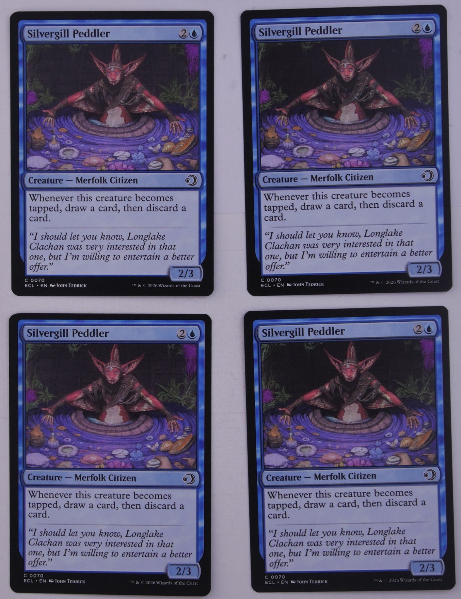 Silvergill Peddler ECL 0070 Magic the Gathering blue Merfolk Citizen creature card playset of four.
