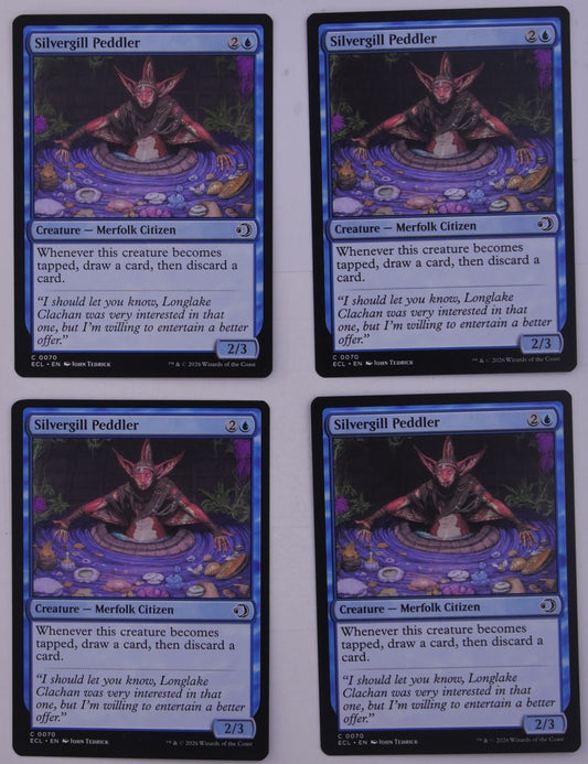 Silvergill Peddler ECL 0070 Magic the Gathering blue Merfolk Citizen creature card playset of four.
