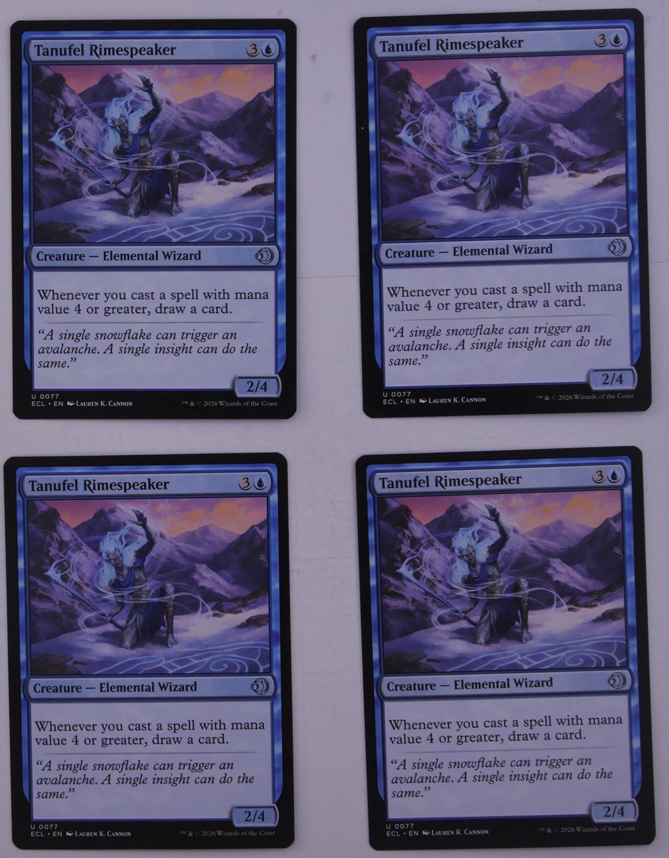 Tanufel Rimespeaker ECL 0077 Magic the Gathering blue Elemental Wizard playset of four cards.