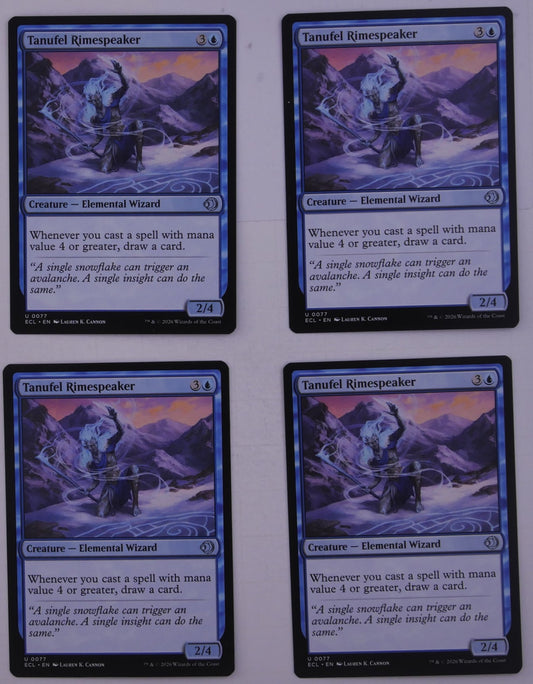 Tanufel Rimespeaker ECL 0077 Magic the Gathering blue Elemental Wizard playset of four cards.