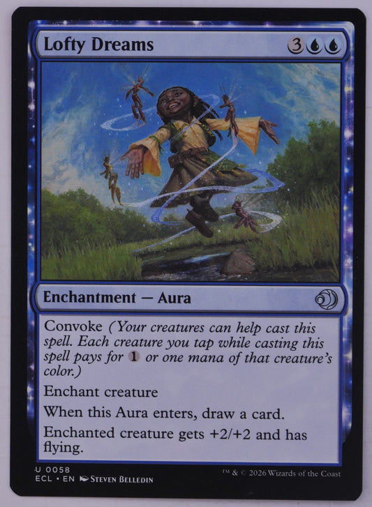 Lofty Dreams MTG card ECL 058 Aura enchantment with convoke and flying buff artwork by Steven Belledin | DM Vault Co