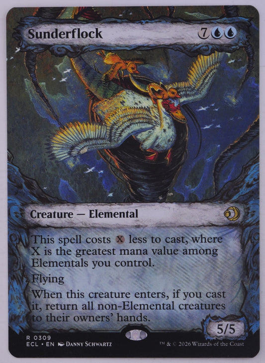 Sunderflock Showcase MTG ECL 309 Elemental creature card with flying and bounce effect artwork | DM Vault Co