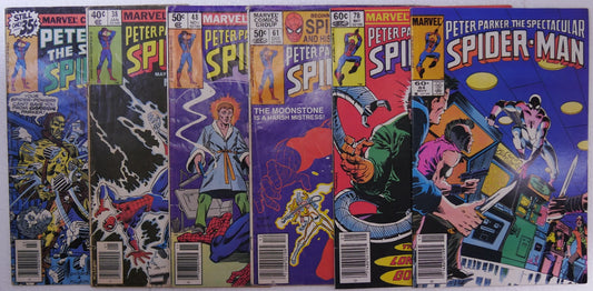 Spectacular Spider-Man comic lot issues 28 38 48 61 78 84 Marvel Bronze Age Spider-Man covers displayed together