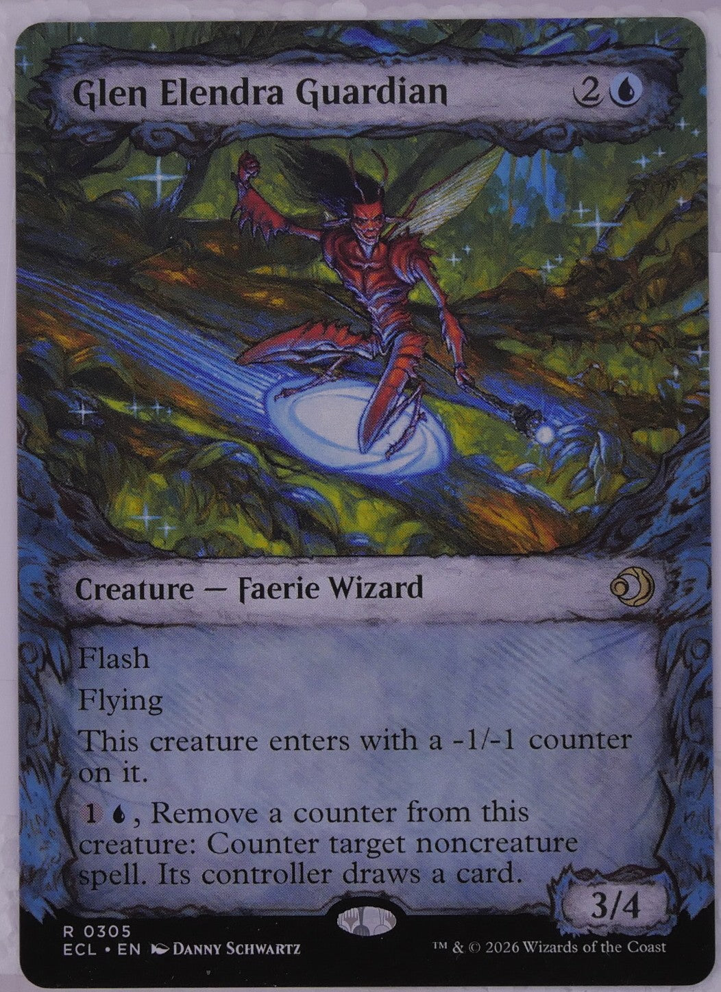 Glen Elendra Guardian ECL 305 showcase Magic the Gathering Faerie Wizard card with flash and counterspell ability.