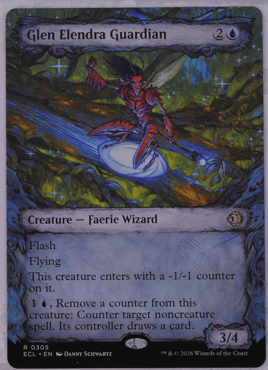 Glen Elendra Guardian ECL 305 showcase Magic the Gathering Faerie Wizard card with flash and counterspell ability.