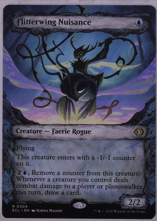 Flitterwing Nuisance ECL 304 showcase Magic the Gathering Faerie Rogue card with flying and card draw ability.