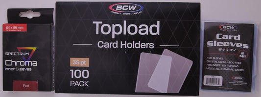 Trading card protection bundle with BCW toploaders sleeves and red inner sleeves