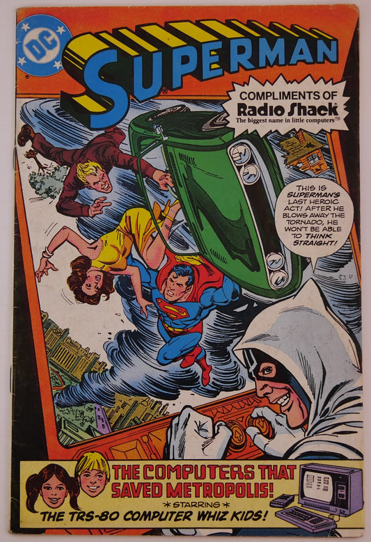 Cover of the 1980 Superman Radio Shack promotional comic featuring Superman, a tornado scene, and TRS-80 computer branding.