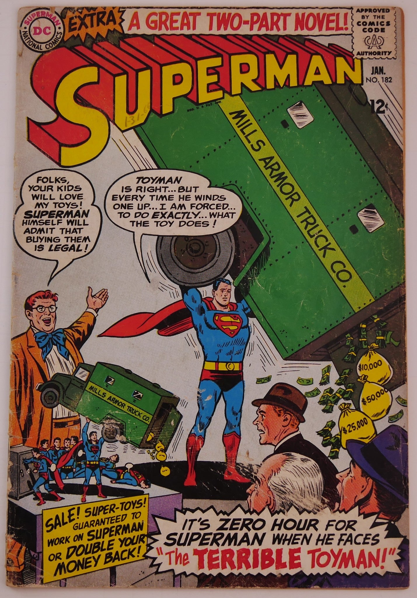 Cover of Superman #182 1966 DC Comics issue featuring Toyman and a giant armored truck over Superman.