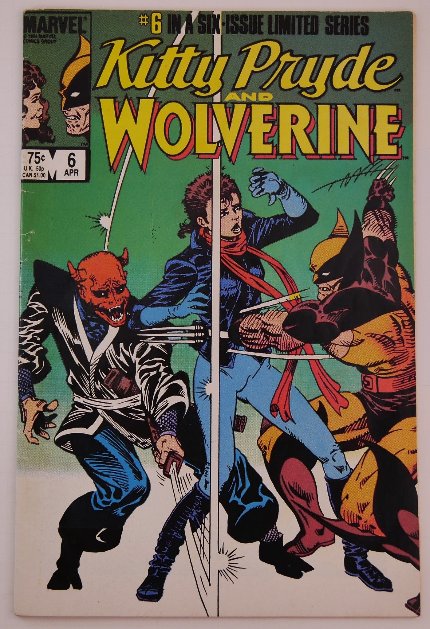 Cover of Kitty Pryde and Wolverine #6 featuring Wolverine and Kitty Pryde battling Ogun in the final issue of the limited series.