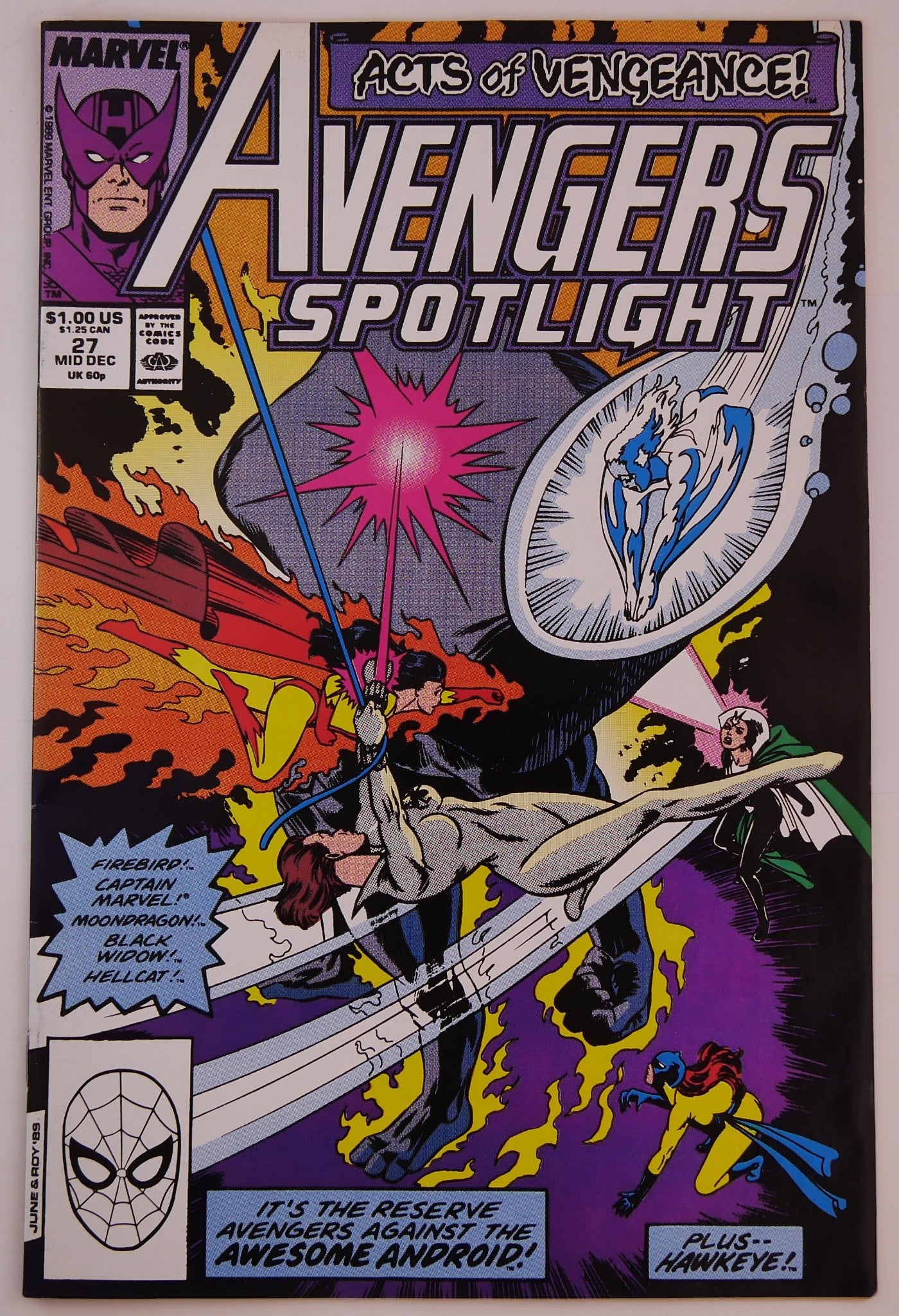 Cover of Avengers Spotlight #27 featuring Hawkeye, Firebird, Hellcat, Moondragon, and the Awesome Android during Acts of Vengeance.