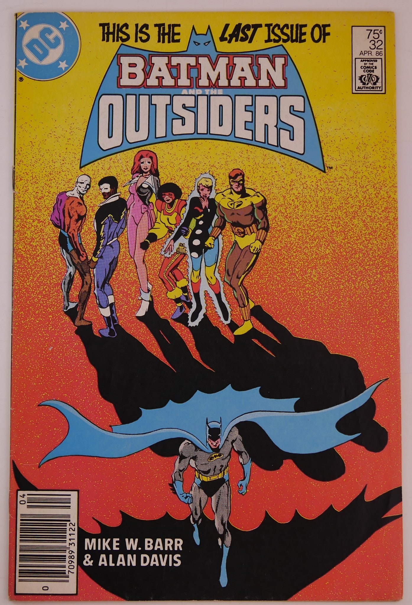 Cover of Batman and the Outsiders #32 featuring Batman beneath the Outsiders team on a bright orange background.