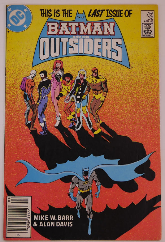 Cover of Batman and the Outsiders #32 featuring Batman beneath the Outsiders team on a bright orange background.