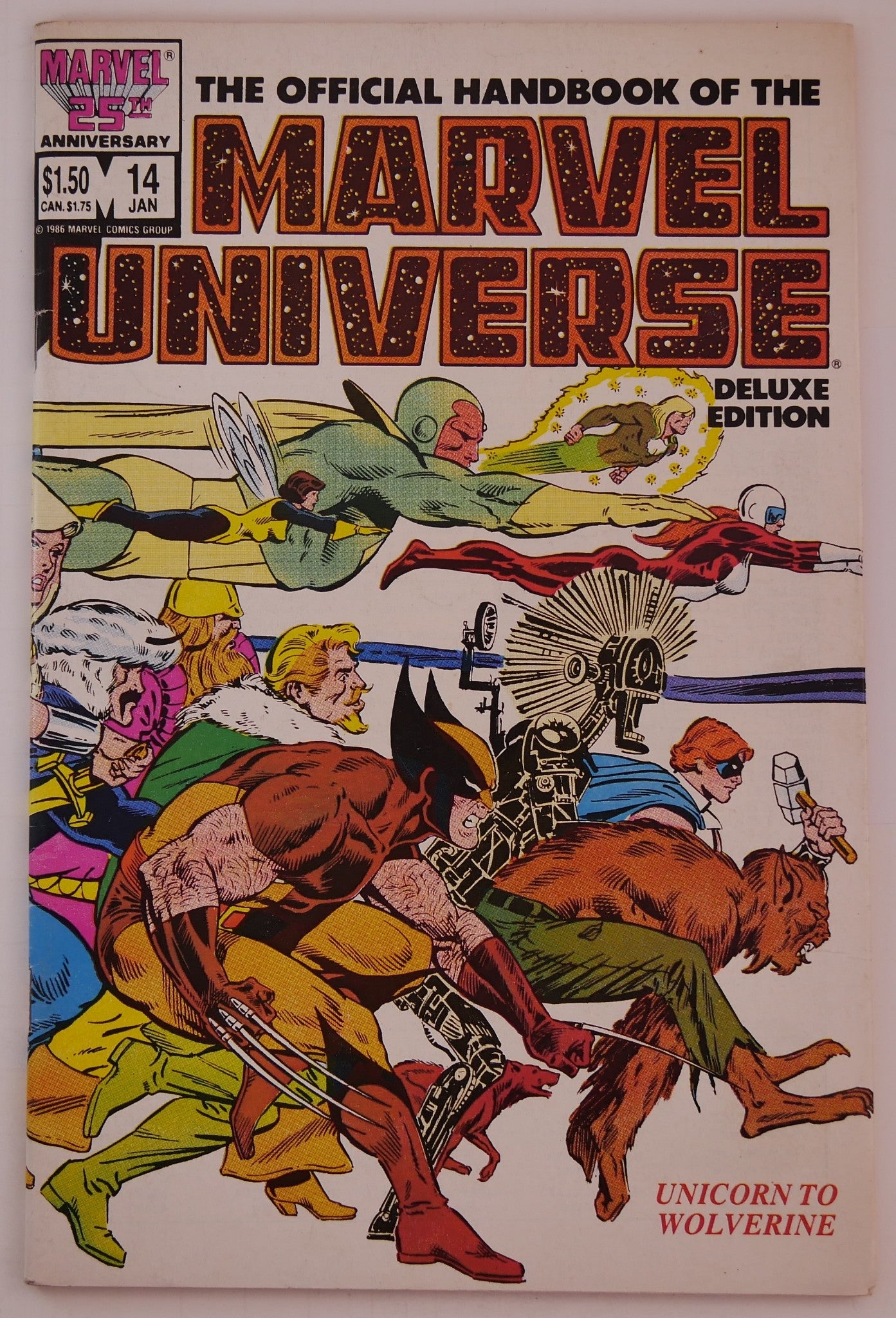 Cover of Official Handbook of the Marvel Universe Deluxe Edition #14 featuring Wolverine, Vision, Valkyrie, and Marvel characters.
