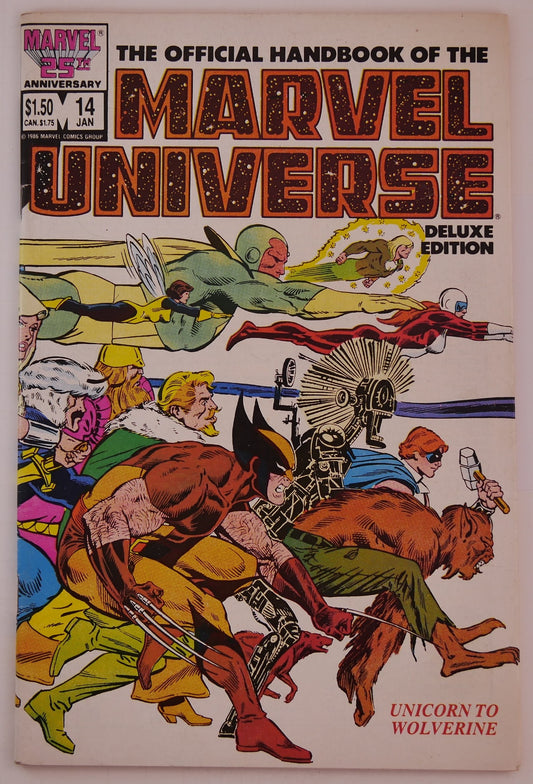 Cover of Official Handbook of the Marvel Universe Deluxe Edition #14 featuring Wolverine, Vision, Valkyrie, and Marvel characters.