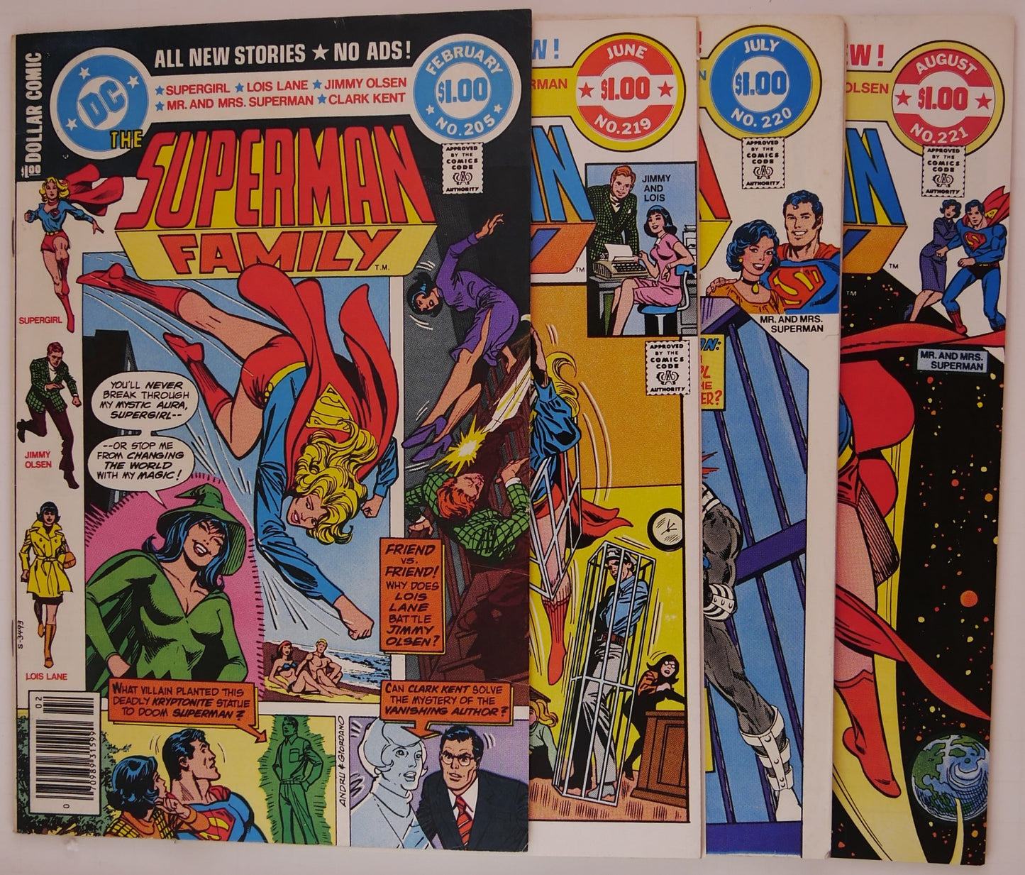 Bundle of Superman Family DC Dollar Comics issues 205, 219, 220, and 221 from the Bronze Age featuring Supergirl and Superman Family characters.