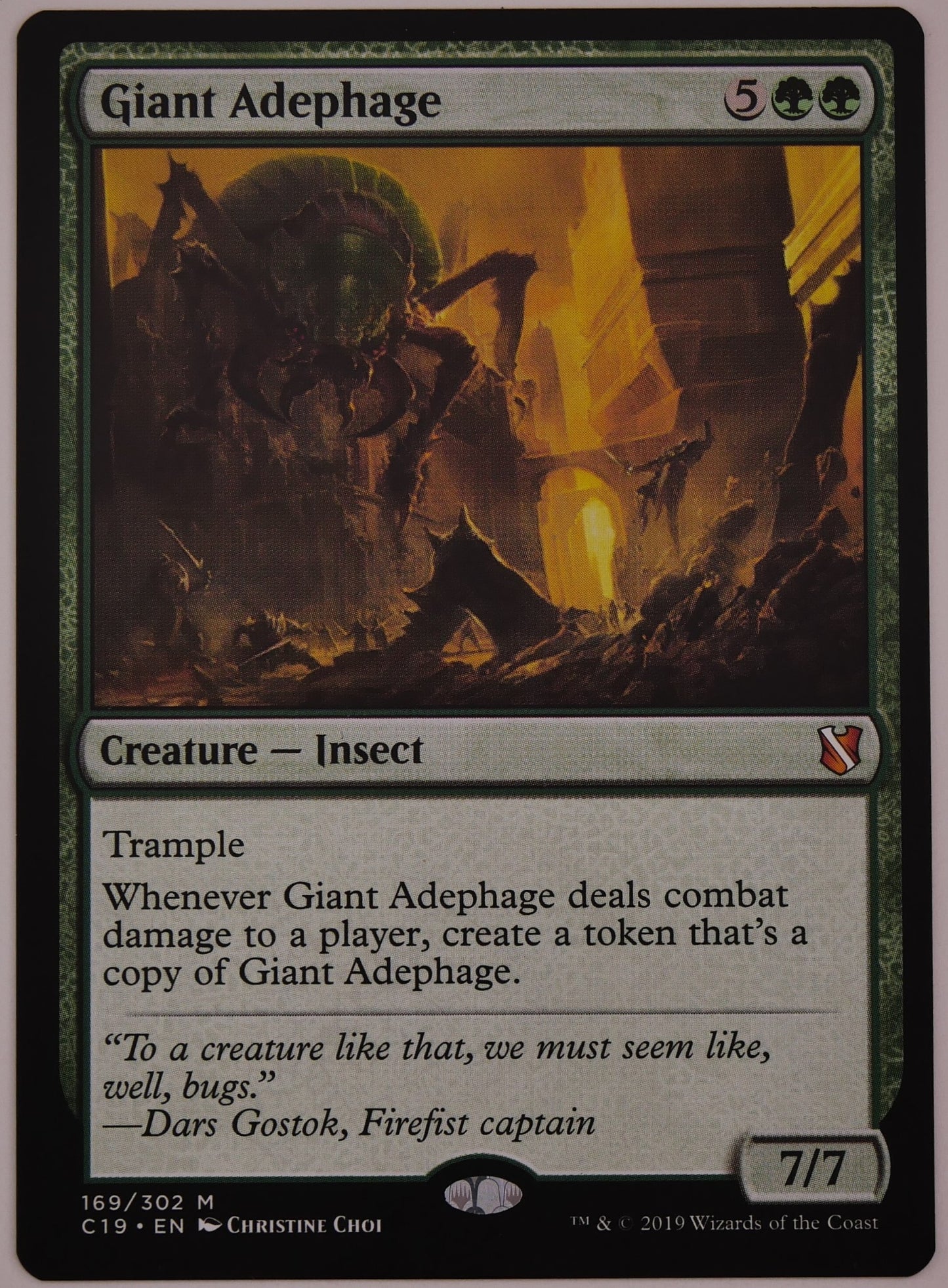 Giant Adephage C19 169 MTG mythic insect creature card with trample and token creation