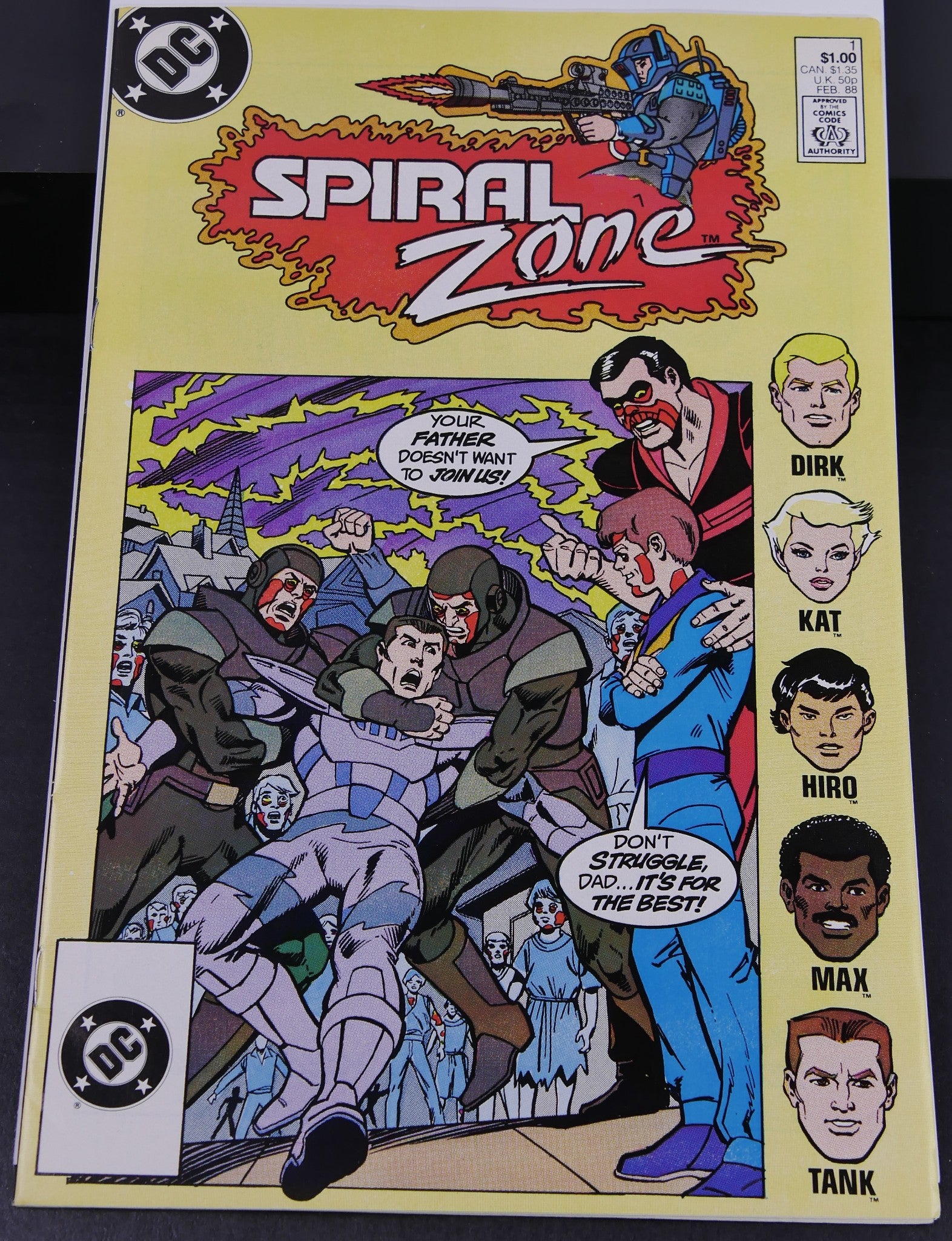 Cover of Spiral Zone #1 DC Comics 1988 premiere issue featuring the Spiral Zone team battling soldiers in a sci-fi dystopian setting.
