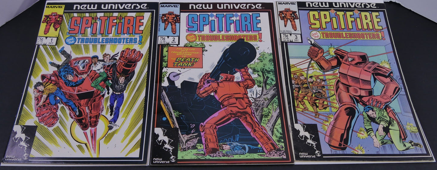 Spitfire and the Troubleshooters #1-3 Marvel New Universe comic bundle featuring vintage 1986 sci-fi themed comic book covers.
