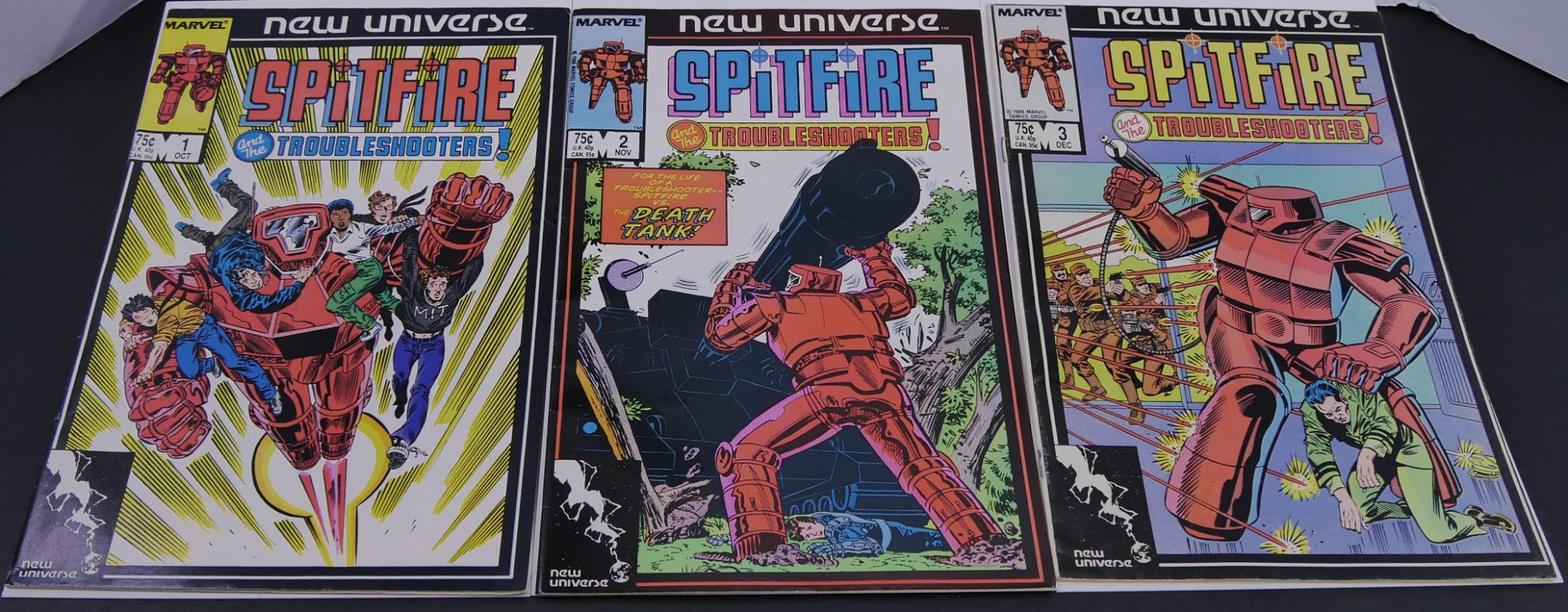 Spitfire and the Troubleshooters #1-3 Marvel New Universe comic bundle featuring vintage 1986 sci-fi themed comic book covers.
