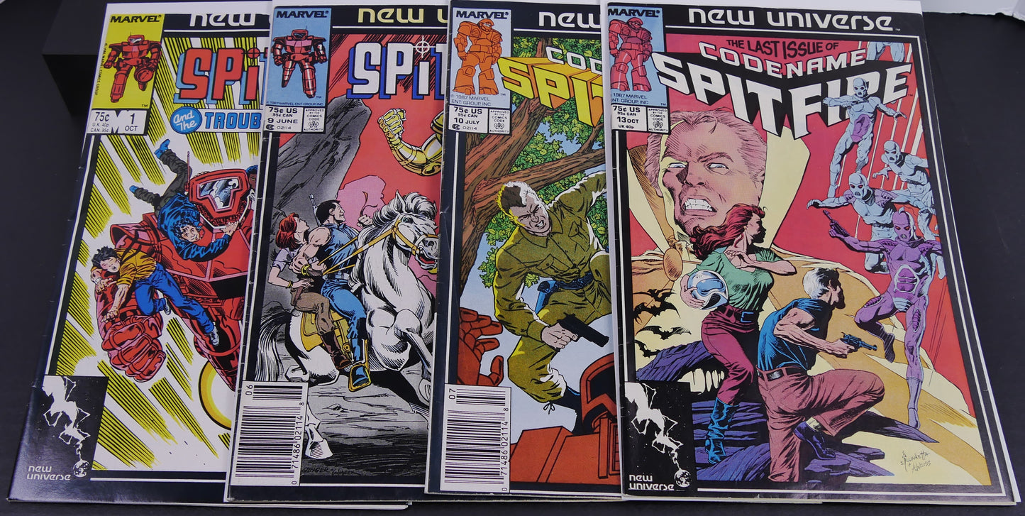 Marvel New Universe Spitfire comic lot featuring Spitfire 1 and Codename Spitfire issues 9, 10 and 13.