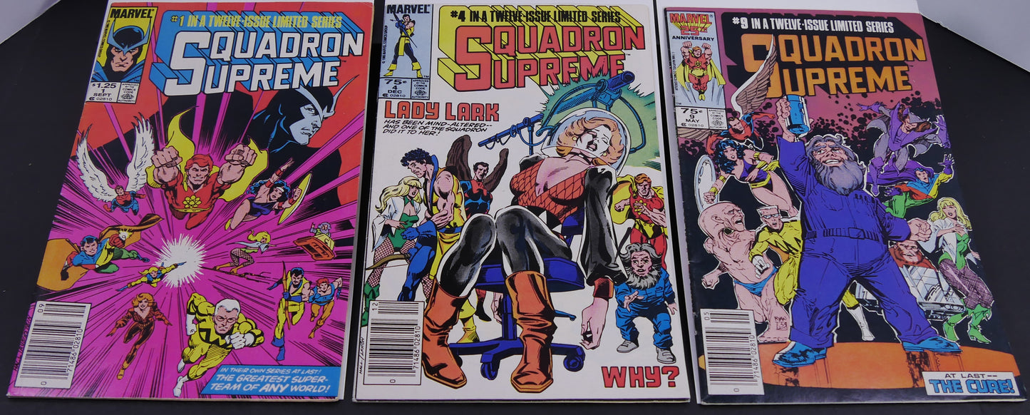 Squadron Supreme comic lot with issues 1, 4 and 9 from Marvel's classic 12-issue limited series.