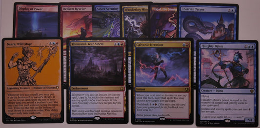 Neera Izzet Spellslinger Storm MTG Commander bundle featuring Thousand-Year Storm, Galvanic Iteration, Haughty Djinn, Tolarian Terror, and spell copy synergy from DM Vault
