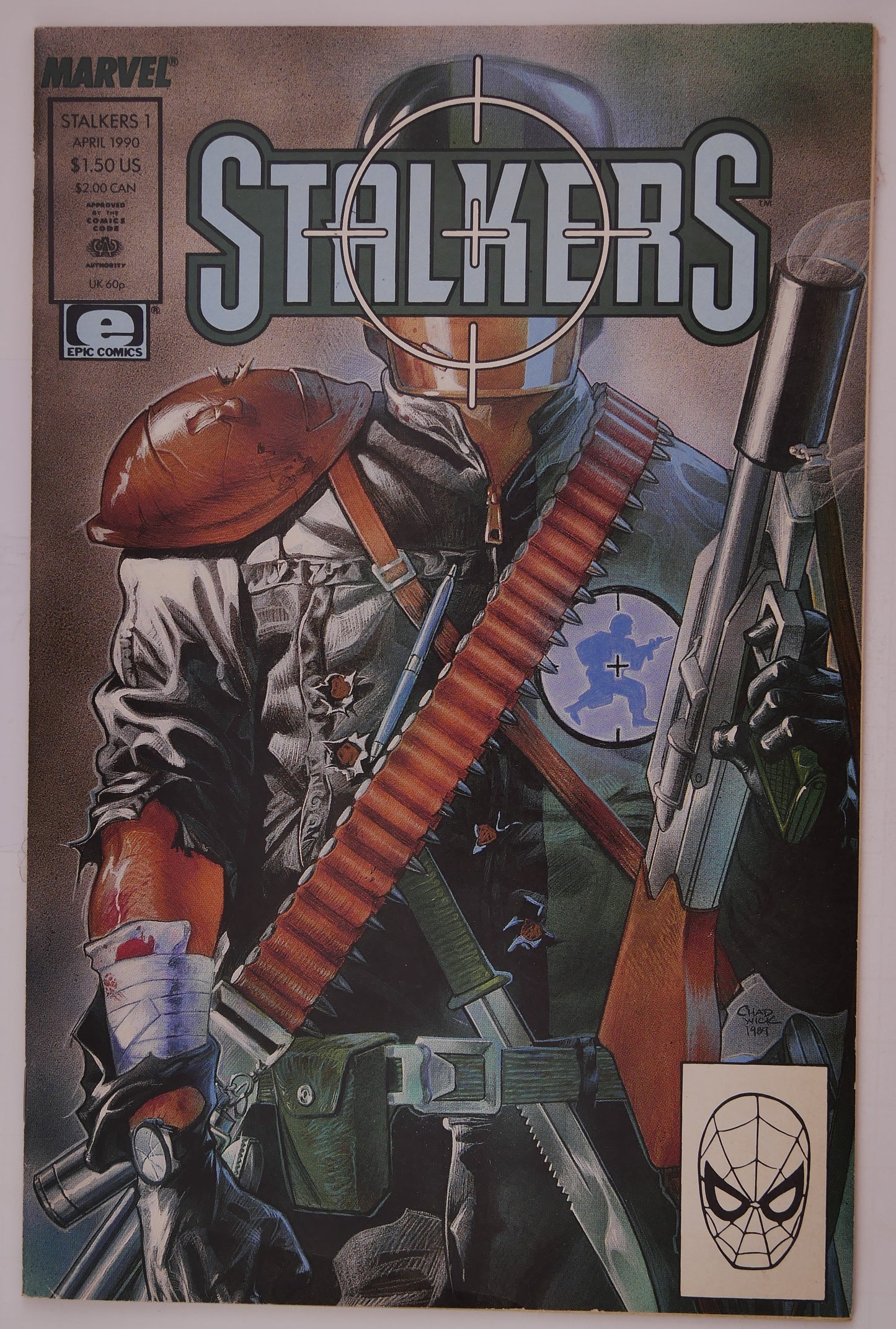Stalkers #1 (1990) Epic Comics comic book cover featuring an armed operative with crosshairs and tactical gear.
