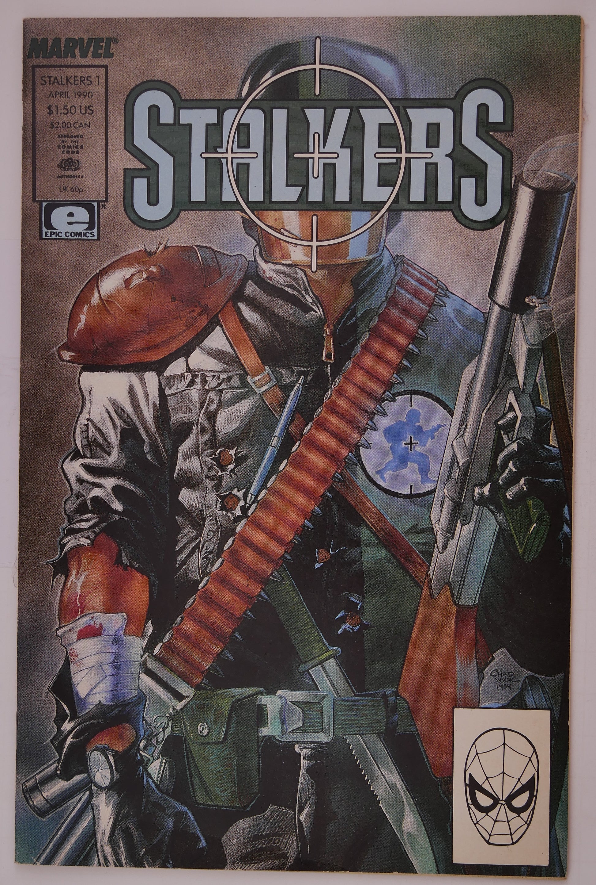 Stalkers #1 (1990) Epic Comics comic book cover featuring an armed operative with crosshairs and tactical gear.