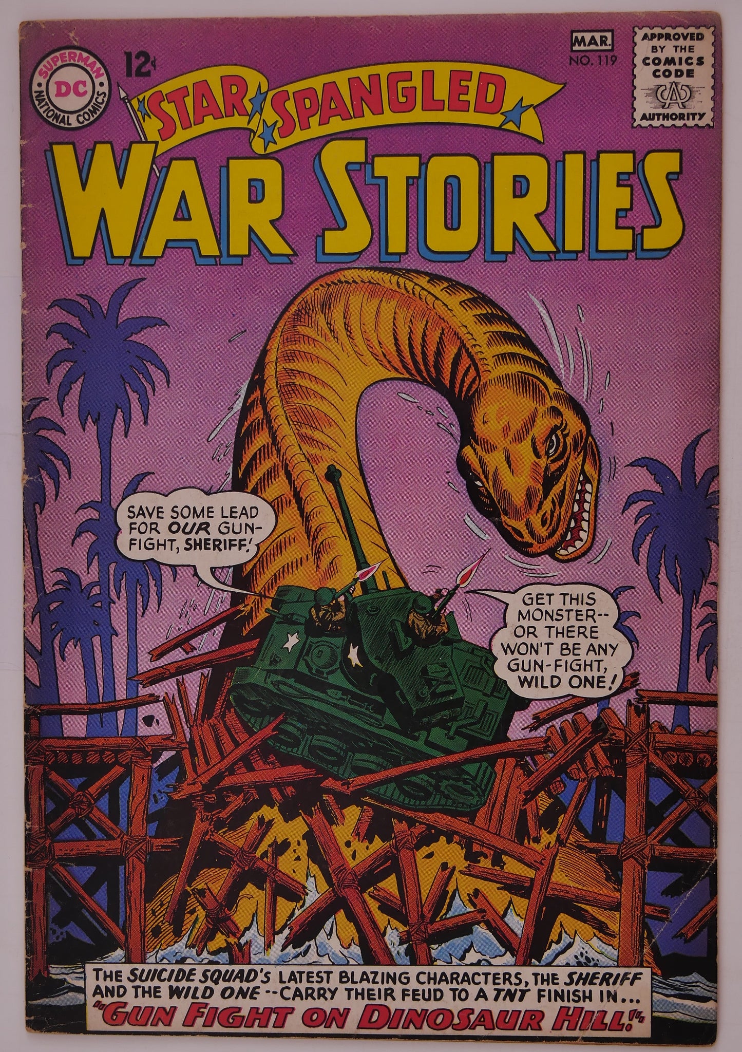 Star-Spangled War Stories #119 (1965) DC Comics comic book cover featuring the Suicide Squad and a dinosaur attack.
