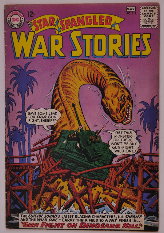 Star-Spangled War Stories #119 (1965) DC Comics comic book cover featuring the Suicide Squad and a dinosaur attack.