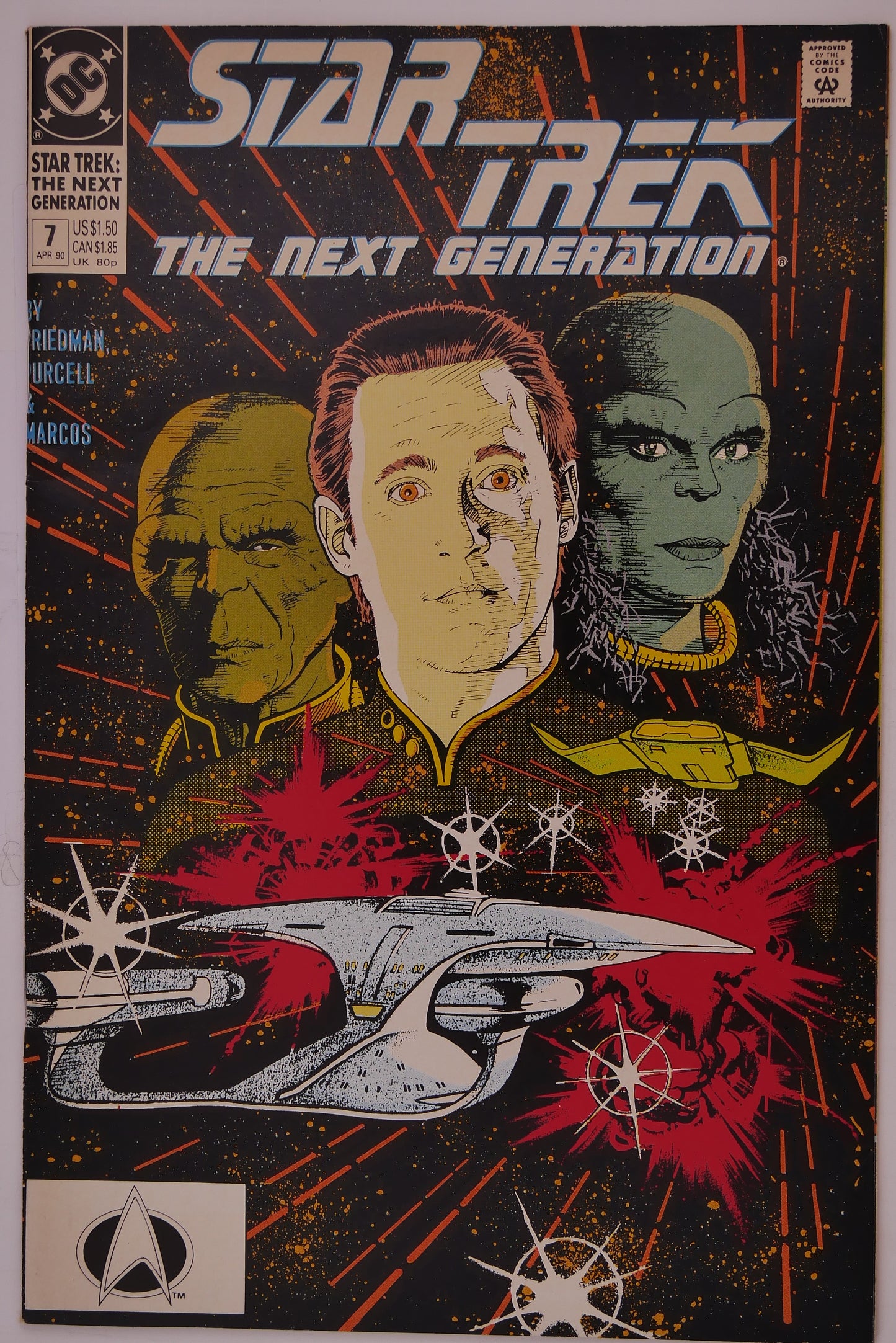 Star Trek The Next Generation #7 (1990) DC comic book cover featuring Data and the USS Enterprise-D