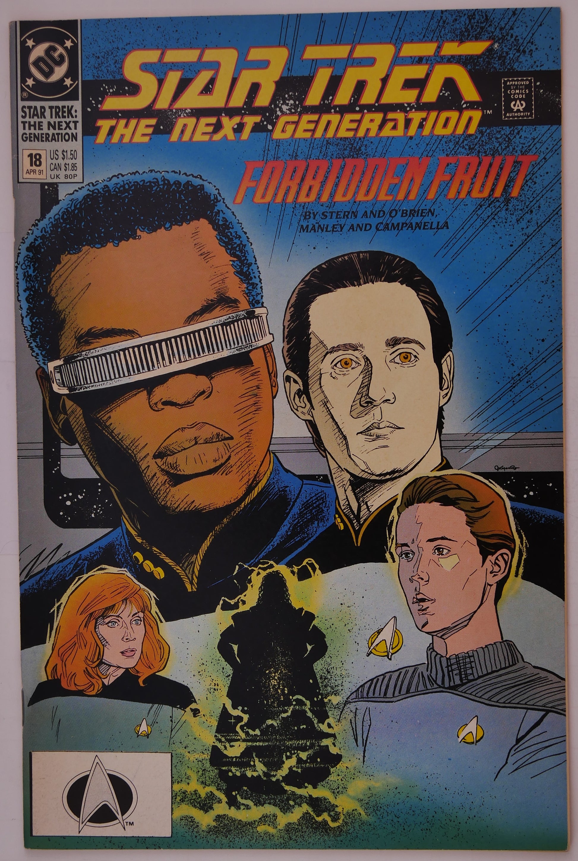 Shop Star Trek: The Next Generation #18 from DC Comics (1991), featuring Geordi La Forge and Data in the story "Forbidden Fruit." DM Vault Co.